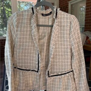 Zara Women's Cream Tweed Blazer with Black Accents